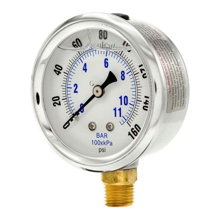 Engineered Specialty Products, Inc Pic Gauges 2-1/2" Vacuum Gauge, Liquid Filled, 160 PSI, Stainless Case, Lower Mount,  PRO-201L-254F
